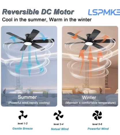 LSPMKE 52 Inch Ceiling Fan with Light and Remote, Low Profile Flush Mount Ceiling Fan, Quiet Reversible DC Motor, 3CCT Dimmable, Black RGB, for Bedroom, Living Room, Indoor/Outdoor