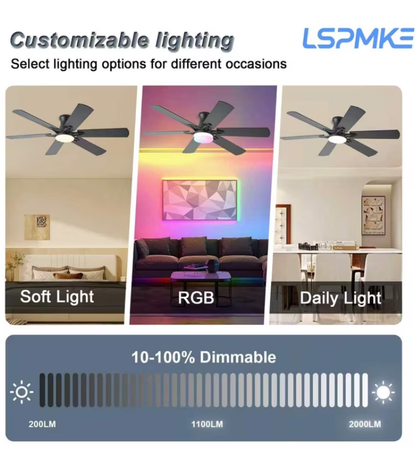 LSPMKE 52 Inch Ceiling Fan with Light and Remote, Low Profile Flush Mount Ceiling Fan, Quiet Reversible DC Motor, 3CCT Dimmable, Black RGB, for Bedroom, Living Room, Indoor/Outdoor