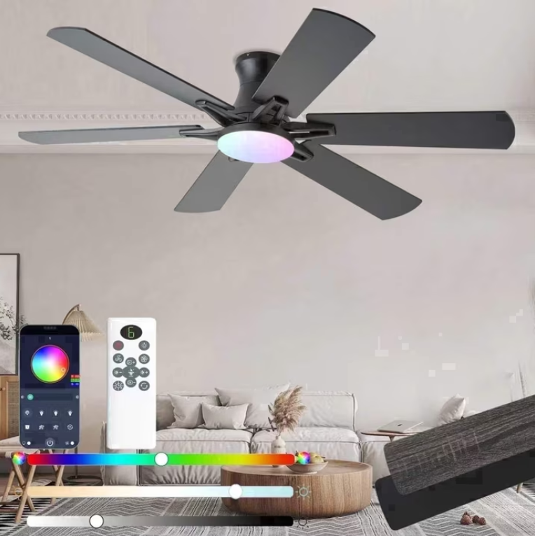 LSPMKE 52 Inch Ceiling Fan with Light and Remote, Low Profile Flush Mount Ceiling Fan, Quiet Reversible DC Motor, 3CCT Dimmable, Black RGB, for Bedroom, Living Room, Indoor/Outdoor