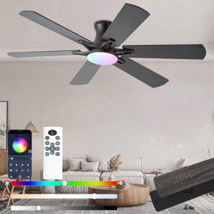 LSPMKE 52 Inch Ceiling Fan with Light and Remote, Low Profile Flush Mount Ceiling Fan, Quiet Reversible DC Motor, 3CCT Dimmable, Black RGB, for Bedroom, Living Room, Indoor/Outdoor