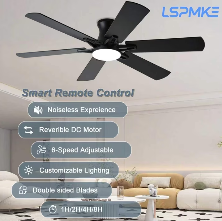 LSPMKE 52 Inch Ceiling Fan with Light and Remote, Low Profile Flush Mount Ceiling Fan, Quiet Reversible DC Motor, 3CCT Dimmable, Black RGB, for Bedroom, Living Room, Indoor/Outdoor