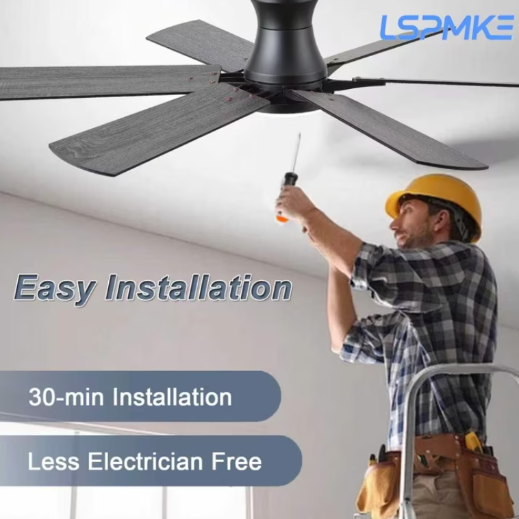 LSPMKE 52 Inch Ceiling Fan with Light and Remote, Low Profile Flush Mount Ceiling Fan, Quiet Reversible DC Motor, 3CCT Dimmable, Black RGB, for Bedroom, Living Room, Indoor/Outdoor