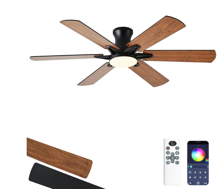 LSPMKE 52 Inch Ceiling Fan with Light and Remote, Low Profile Flush Mount Ceiling Fan, Quiet Reversible DC Motor, 3CCT Dimmable, Black RGB, for Bedroom, Living Room, Indoor/Outdoor