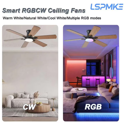 LSPMKE 52 Inch Ceiling Fan with Light and Remote, Low Profile Flush Mount Ceiling Fan, Quiet Reversible DC Motor, 3CCT Dimmable, Black RGB, for Bedroom, Living Room, Indoor/Outdoor