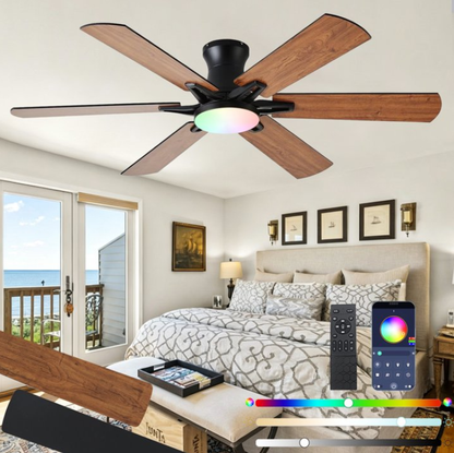 LSPMKE 52 Inch Ceiling Fan with Light and Remote, Low Profile Flush Mount Ceiling Fan, Quiet Reversible DC Motor, 3CCT Dimmable, Black RGB, for Bedroom, Living Room, Indoor/Outdoor