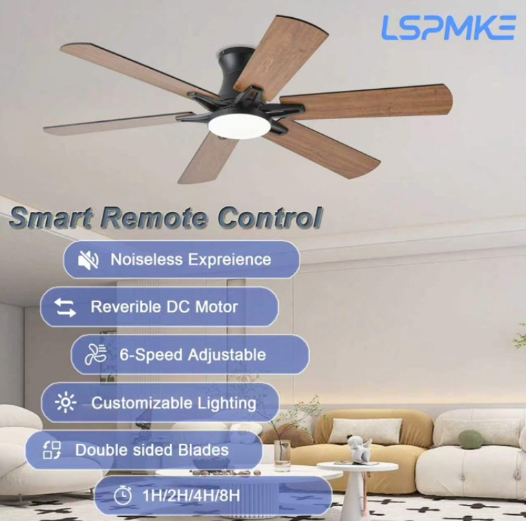 LSPMKE 52 Inch Ceiling Fan with Light and Remote, Low Profile Flush Mount Ceiling Fan, Quiet Reversible DC Motor, 3CCT Dimmable, Black RGB, for Bedroom, Living Room, Indoor/Outdoor
