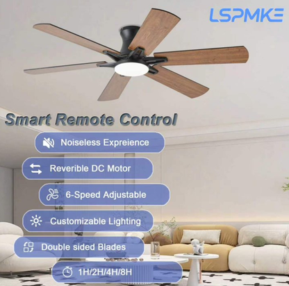 LSPMKE 52 Inch Ceiling Fan with Light and Remote, Low Profile Flush Mount Ceiling Fan, Quiet Reversible DC Motor, 3CCT Dimmable, Black RGB, for Bedroom, Living Room, Indoor/Outdoor