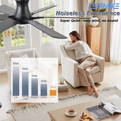 LSPMKE 52 Inch Ceiling Fan with Light and Remote, Low Profile Flush Mount Ceiling Fan, Quiet Reversible DC Motor, 3CCT Dimmable, Black RGB, for Bedroom, Living Room, Indoor/Outdoor