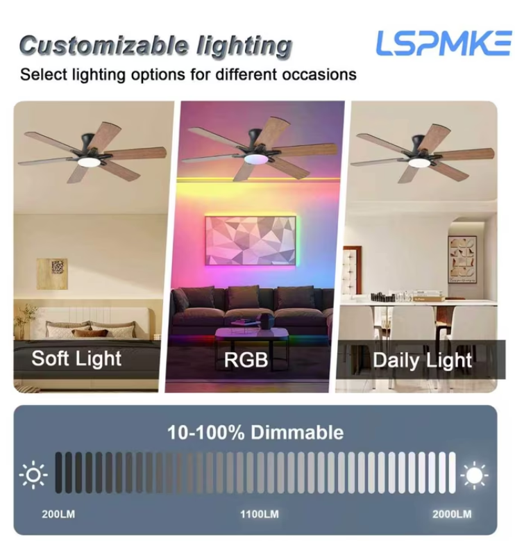 LSPMKE 52 Inch Ceiling Fan with Light and Remote, Low Profile Flush Mount Ceiling Fan, Quiet Reversible DC Motor, 3CCT Dimmable, Black RGB, for Bedroom, Living Room, Indoor/Outdoor