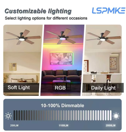 LSPMKE 52 Inch Ceiling Fan with Light and Remote, Low Profile Flush Mount Ceiling Fan, Quiet Reversible DC Motor, 3CCT Dimmable, Black RGB, for Bedroom, Living Room, Indoor/Outdoor